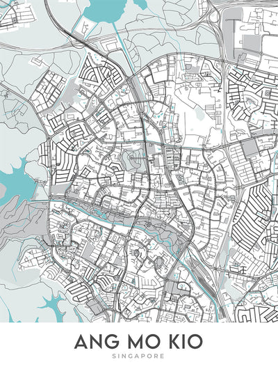 Modern City Map of Ang Mo Kio, Singapore: Bishan-Ang Mo Kio Park, Lower Peirce Reservoir, AMK Hub, Yio Chu Kang Rd, Ang Mo Kio Ave 3