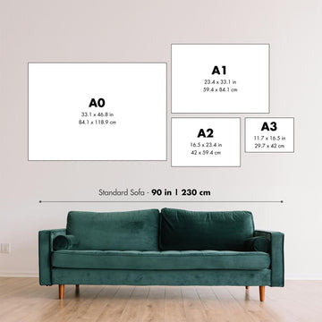 Thumbnail image showing different sizes of product, with a sofa for comparison.