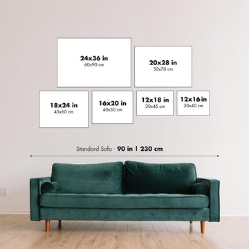 Thumbnail image showing different sizes of product, with a sofa for comparison.