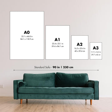 Thumbnail image showing different sizes of product, with a sofa for comparison.