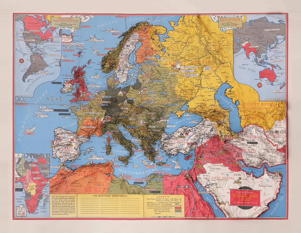 Alter Weltkrieg 2 Karte, 1942 von Stanley Turner - "Datierte Ereignisse" WW2 Geschichtsdiagramm 