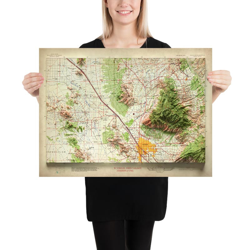 The model is holding a 18x24in (45x60cm) map with "Aged" customisation