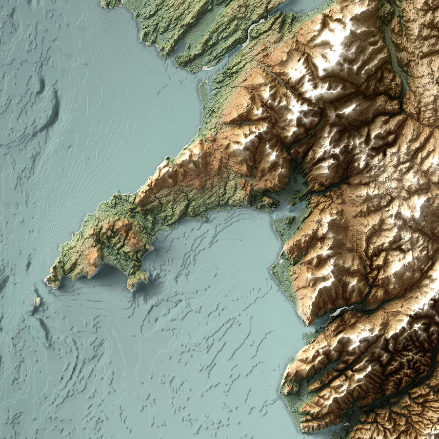 A close-up of a 3D hypsometric and bathymetric map