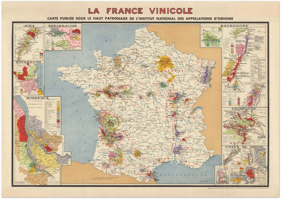 Alte Karte der Weinbaugebiete in Frankreich "La France Vinicole", 1939 - Bordeaux, Bourgogne, Champagne, Côtes Du Rhône, Bergeracois 