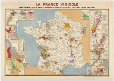 Ancienne carte des vignobles de France "La France Vinicole", 1939 - Bordeaux, Bourgogne, Champagne, Côtes Du Rhône, Bergeracois