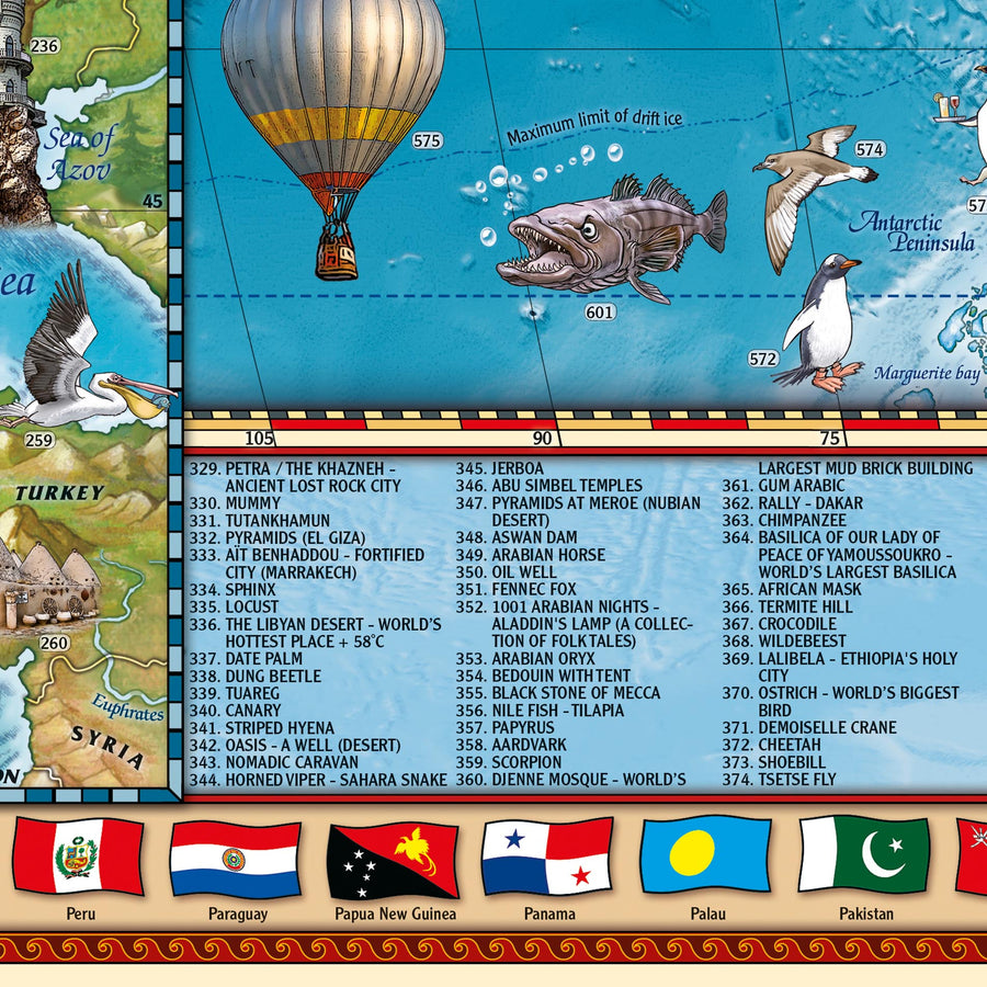 Illustrierte Weltkarte von Ray&Co, 2024 mit 650 Illustrationen: Bildungswandkunst für das Kinderzimmer 