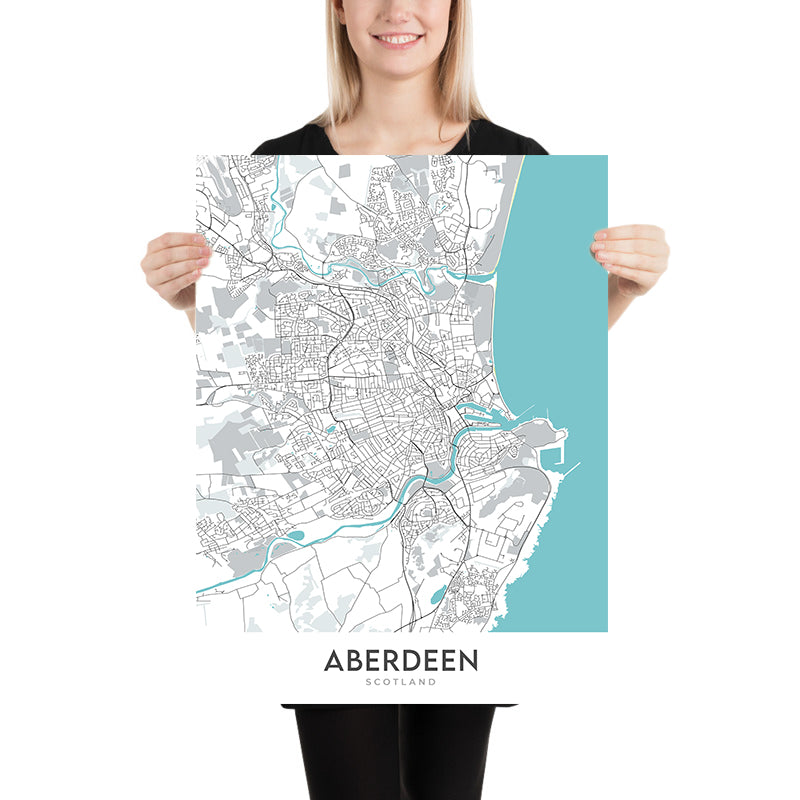 Plan de la ville moderne d'Aberdeen, Écosse : centre-ville, vieil Aberdeen, Union St, River Dee, Marischal College