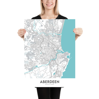 Plan de la ville moderne d'Aberdeen, Écosse : centre-ville, vieil Aberdeen, Union St, River Dee, Marischal College