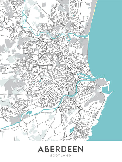 Mapa moderno de la ciudad de Aberdeen, Escocia: centro de la ciudad, Old Aberdeen, Union St, River Dee, Marischal College