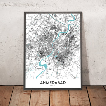 Mapa moderno de la ciudad de Ahmedabad, Gujarat: río Sabarmati, lago Kankaria, CG Road, SG Highway, Vastrapur
