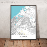 Carte moderne de la ville d'Ajman, Émirats Arabes Unis : Al Nuaimiya, Al Rawda, Al Zahra, rue Bin Zayed, rue Bin Humaid 