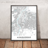 Moderne Stadtkarte von Albuquerque, NM: Innenstadt, Altstadt, Universität von New Mexico, Sandia-Berge, Rio Grande 