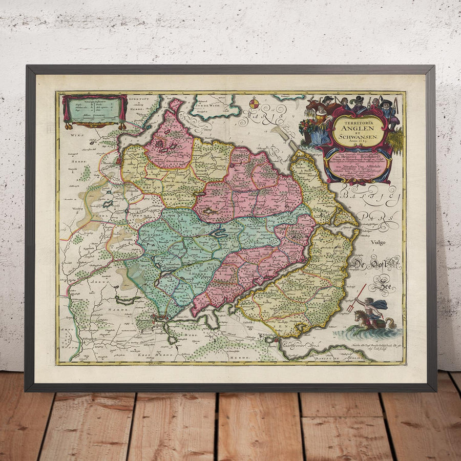 Old Map of Anglia and Schwansen by Joan Blaeu, 1665: Flensburg, Schleswig, Glücksburg, Kappeln, Süderbrarup, Baltic Sea, Fjords