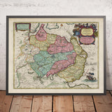 Alte Karte von Anglia und Schwansen von Joan Blaeu, 1665: Flensburg, Schleswig, Glücksburg, Kappeln, Süderbrarup, Ostsee, Fjorde 