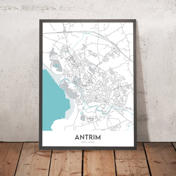 Mappa moderna della città di Antrim, Irlanda del Nord: Giardini del Castello, Torre Rotonda, Via Dublino, Lago Neagh, A26 