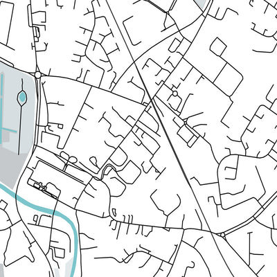 Plan de la ville moderne d'Antrim, Irlande du Nord : jardins du château, tour ronde, chemin Dublin, Lough Neagh, A26