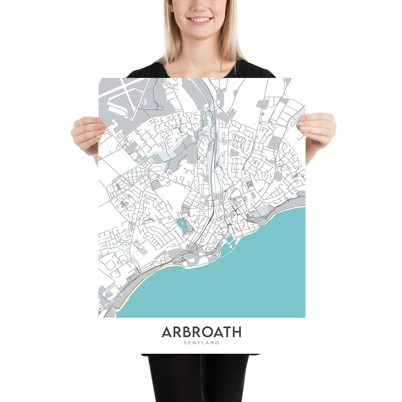 Mapa moderno de la ciudad de Arbroath, Escocia: Abadía, Puerto, Victoria Park, A92, Cliffburn