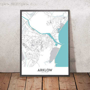 Mapa moderno de la ciudad de Arklow, Irlanda: Castillo, Puerto, Faro, Minas de Avoca, Casa Ballyarthur 