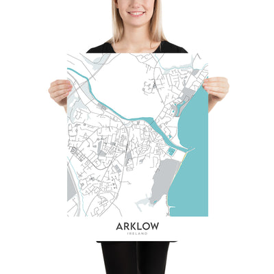 Plan de la ville moderne d'Arklow, Irlande : château d'Arklow, port d'Arklow, phare d'Arklow, mines d'Avoca, maison Ballyarthur