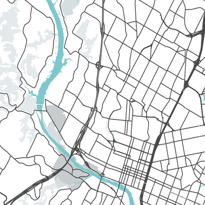 Mapa moderno de la ciudad de Austin, TX: centro, Universidad de Texas, Zilker Park, I-35, US-183