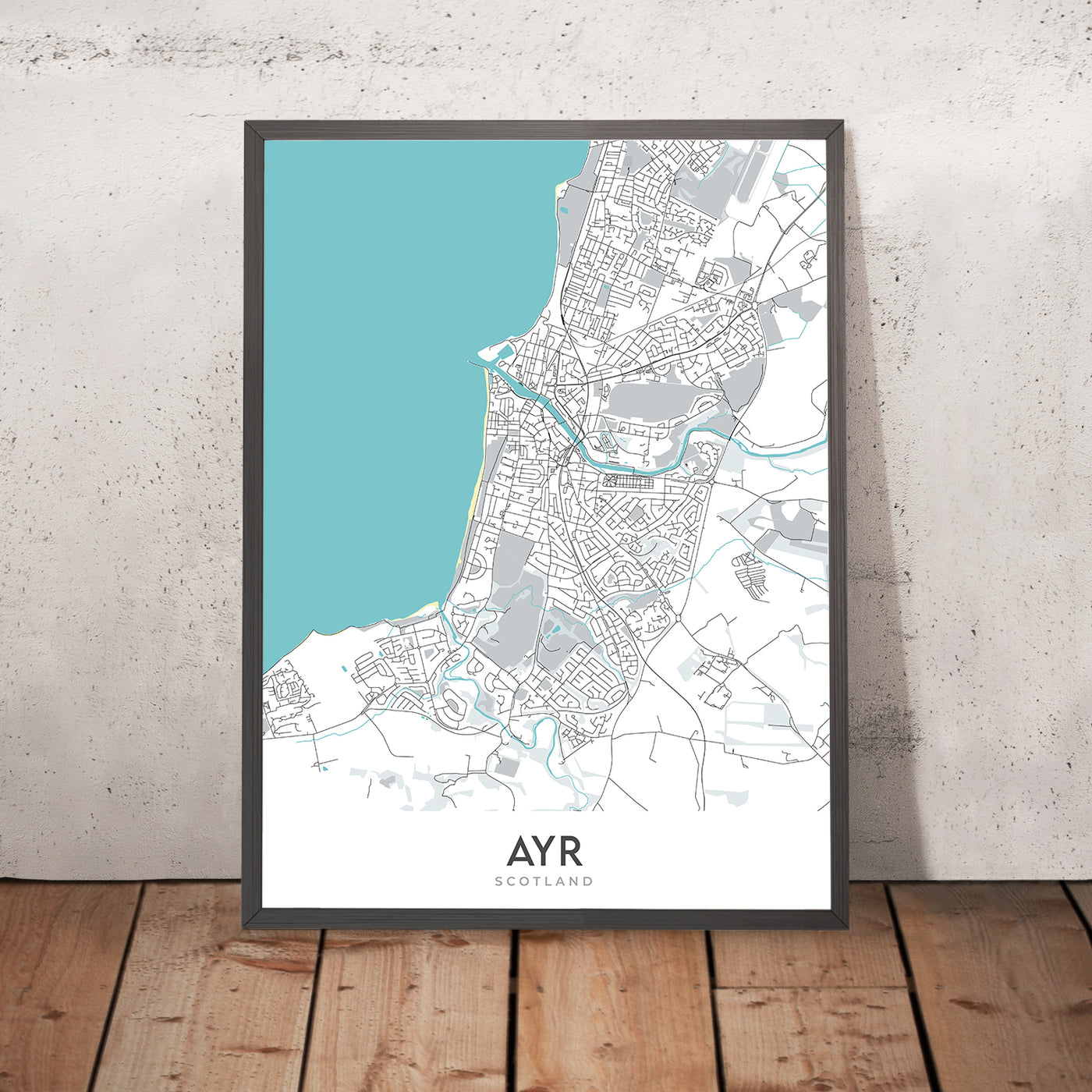 Plan de la ville moderne d'Ayr, Écosse : centre-ville, plage d'Ayr, rivière Ayr, A77, hippodrome