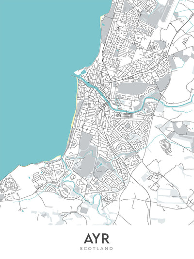Modern Town Map of Ayr, Scotland: Town Centre, Ayr Beach, River Ayr, A77, Racecourse