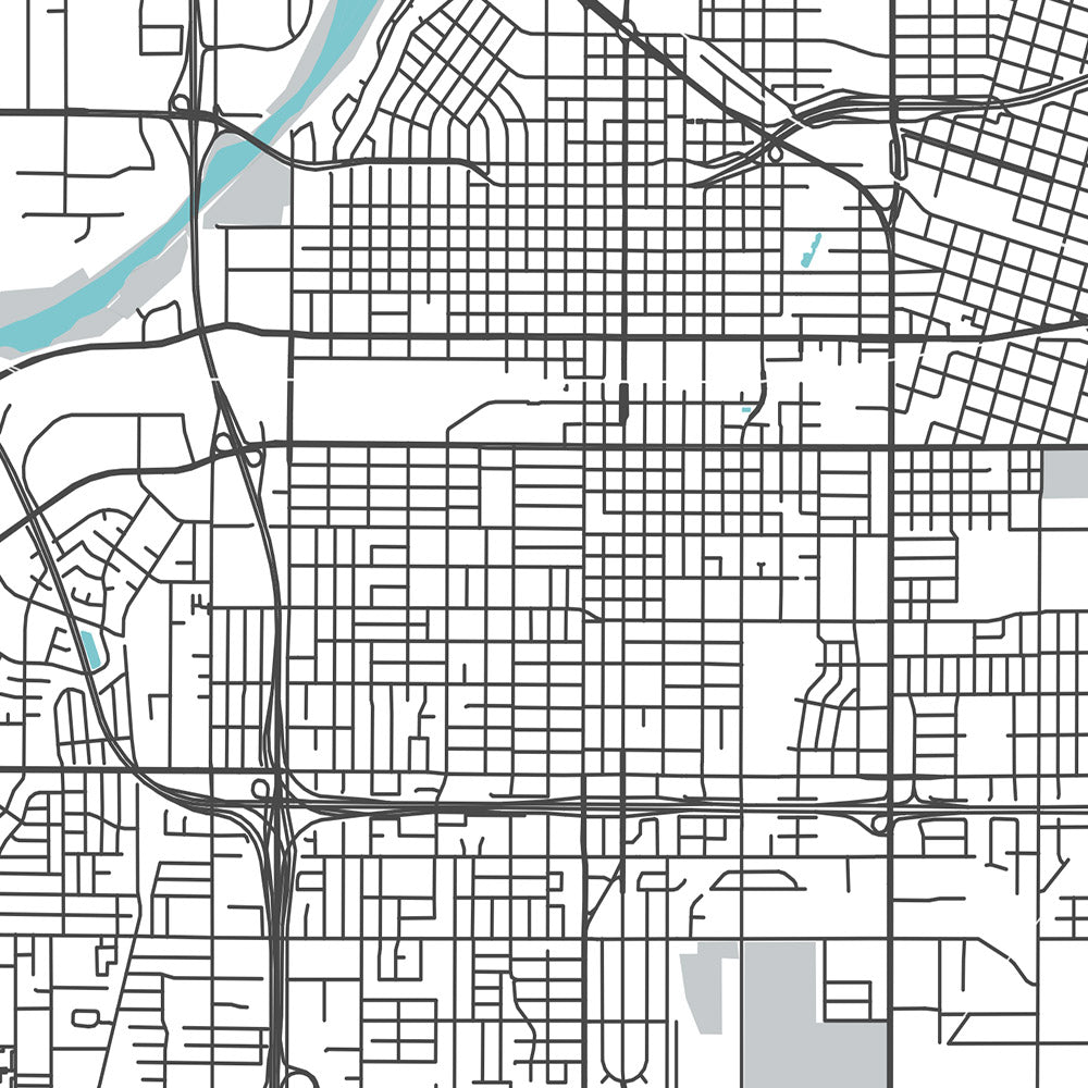 Plan de la ville moderne de Bakersfield, Californie : centre-ville, musée Kern Co., Fox Theatre, CA-99, CA-58