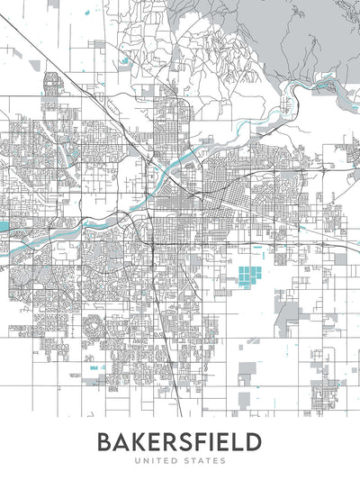Plan de la ville moderne de Bakersfield, Californie : centre-ville, musée Kern Co., Fox Theatre, CA-99, CA-58