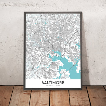Mappa della città moderna di Baltimora, MD: Inner Harbor, Oriole Park, U. del Maryland 