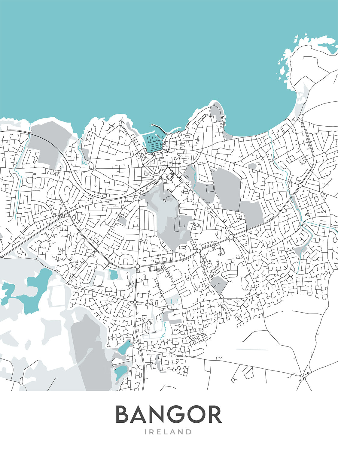 Mapa moderno de la ciudad de Bangor, Irlanda del Norte: Ballyholme, Castillo de Bangor, Ward Park, A2, Marina