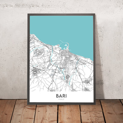 Plan de la ville moderne de Bari, Italie : Bari Vecchia, Basilique de San Nicola, Château Normanno-Svevo, Piazza Mercantile, Strada Statale 16