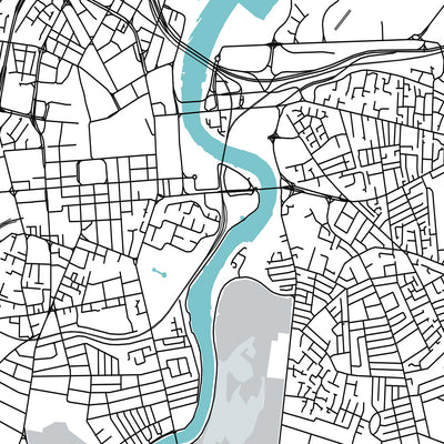 Plan de la ville moderne de Belfast, Irlande : quartier du Titanic, quartier de la Reine, quartier de la cathédrale, château de Belfast, autoroute M1