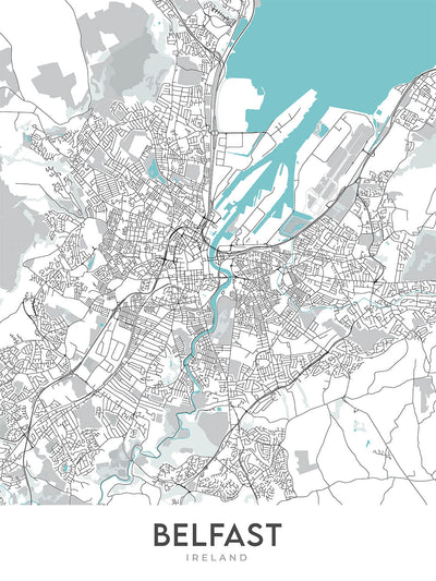 Plan de la ville moderne de Belfast, Irlande : quartier du Titanic, quartier de la Reine, quartier de la cathédrale, château de Belfast, autoroute M1