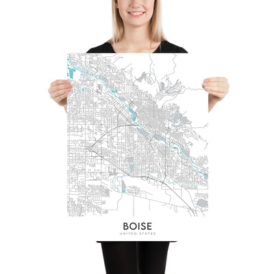 Mapa moderno de la ciudad de Boise, ID: Centro, Universidad Estatal de Boise, Capitolio del Estado de Idaho, Hyde Park, Río Boise