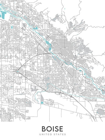 Moderner Stadtplan von Boise, ID: Innenstadt, Boise State University, Idaho State Capitol, Hyde Park, Boise River