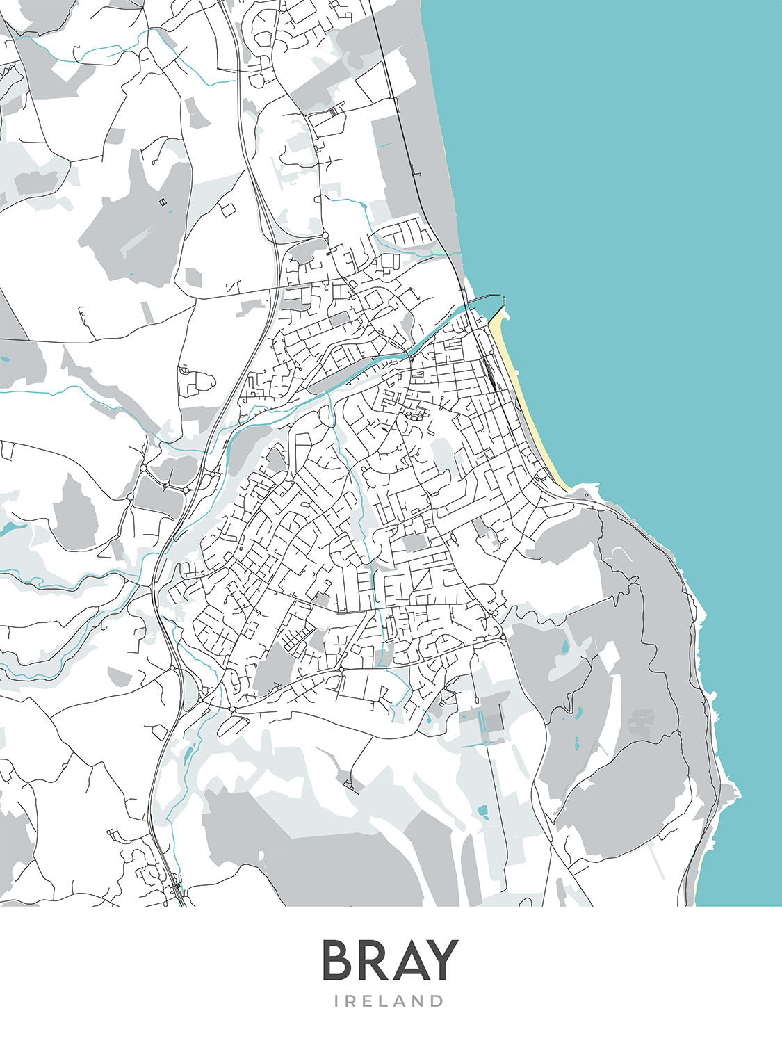 Modern Town Map of Bray, Ireland: Bray Head, Bray Harbour, Bray Head Nature Reserve, N11, R117