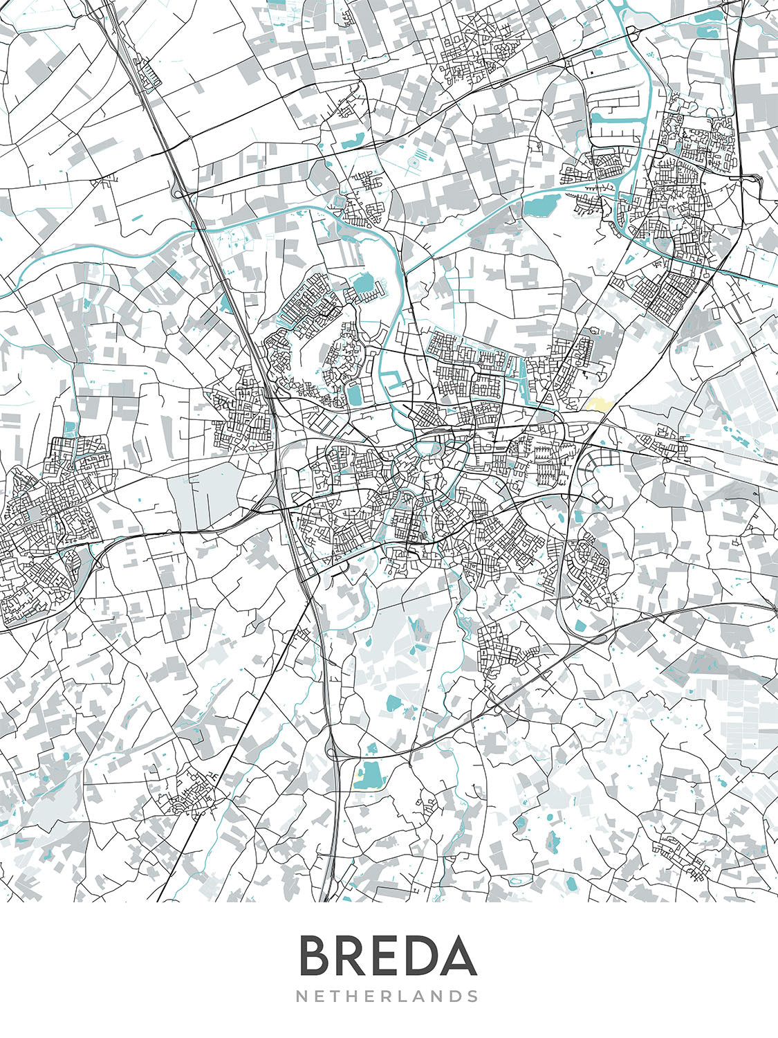 Plan de la ville moderne de Breda, Pays-Bas : Grote Kerk, Kasteel van Breda, Stedelijk Museum Breda, A16, A27