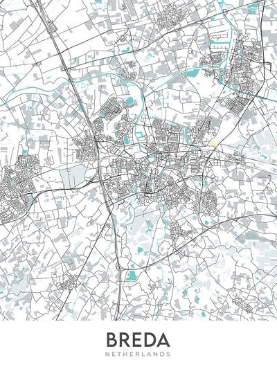 Mapa moderno de la ciudad de Breda, Países Bajos: Grote Kerk, Kasteel van Breda, Stedelijk Museum Breda, A16, A27