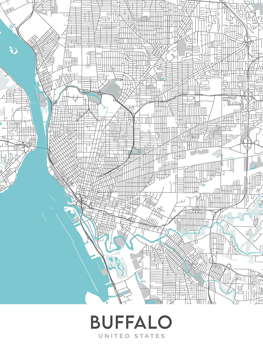 Moderne Stadtkarte von Buffalo, NY: Allentown, Delaware Park, Elmwood Village, First Niagara Center, Universität von Buffalo 