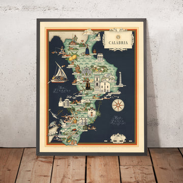 Alte bildliche Karte von Kalabrien von De Agostini, 1938: Cosenza, Catanzaro, Reggio di Calabria, Pollino NP, Sila NP 