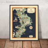 Old Pictorial Map of Calabria by De Agostini, 1938: Cosenza, Catanzaro, Reggio di Calabria, Pollino NP, Sila NP