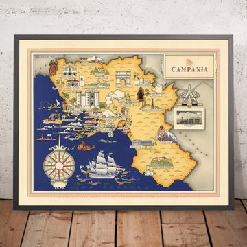 Alter bildlicher Stadtplan von Kampanien von De Agostini, 1938: Pompeji, Herculaneum, Amalfiküste, Vesuv, Cilento & Vallo di Diano 