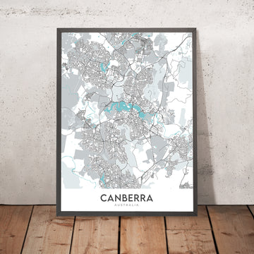 Mappa della città moderna di Canberra, Australia: Memoriale di guerra, Galleria nazionale, Lago Burley Griffin, Civic, Parkes Way 