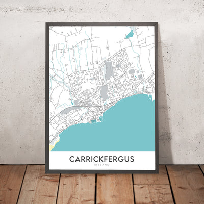 Mapa moderno de la ciudad de Carrickfergus, Irlanda del Norte: Castillo de Carrickfergus, Belfast Lough, A2, Eden, Woodburn