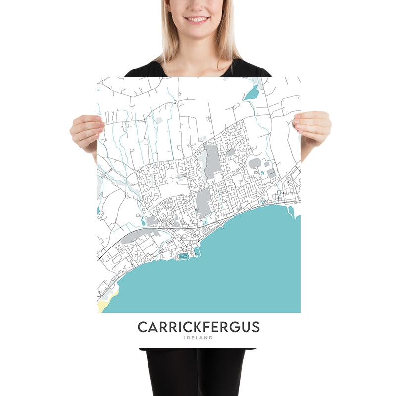 Mapa moderno de la ciudad de Carrickfergus, Irlanda del Norte: Castillo de Carrickfergus, Belfast Lough, A2, Eden, Woodburn