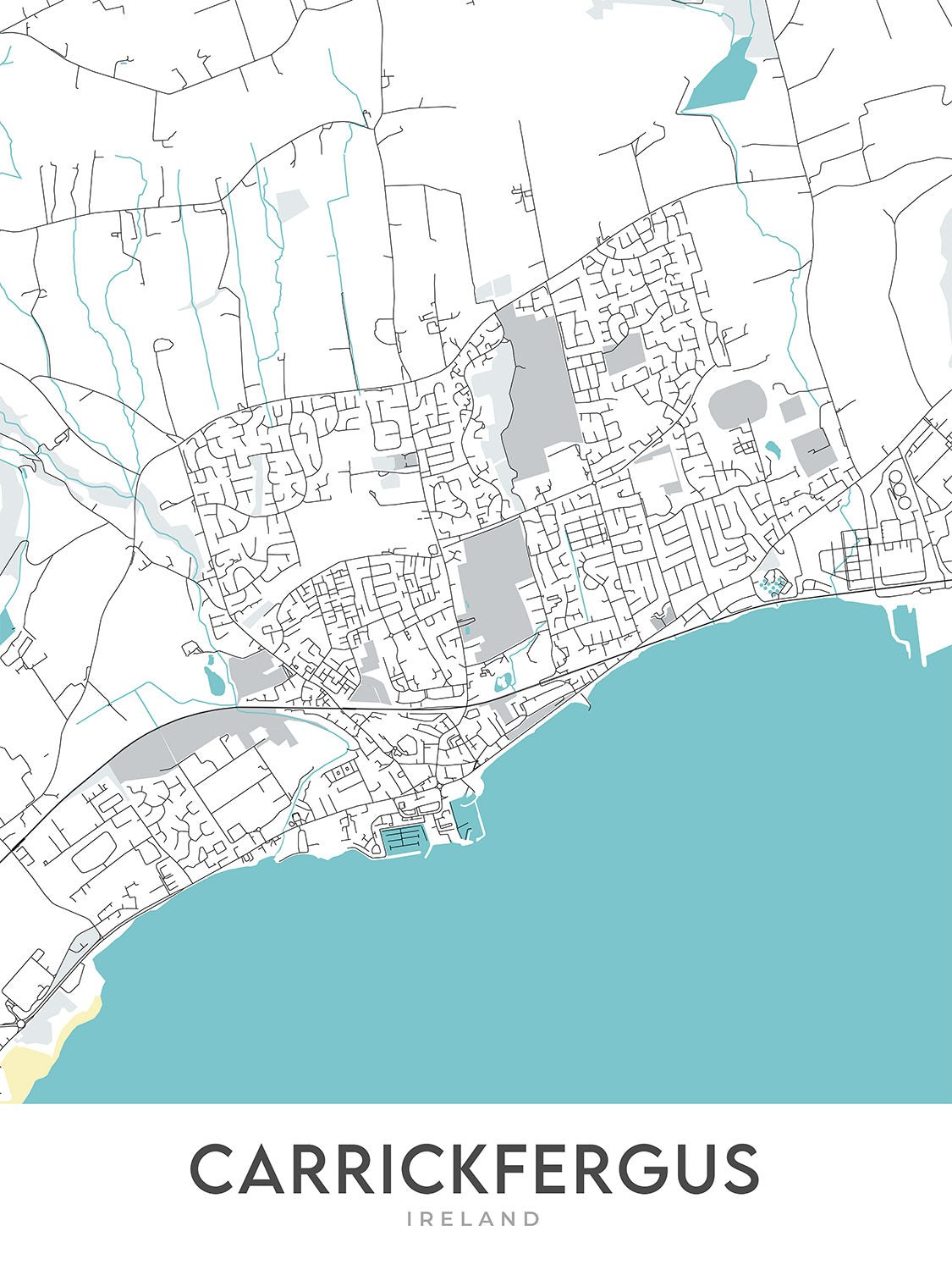 Plan de la ville moderne de Carrickfergus, Irlande du Nord : Château de Carrickfergus, Belfast Lough, A2, Eden, Woodburn