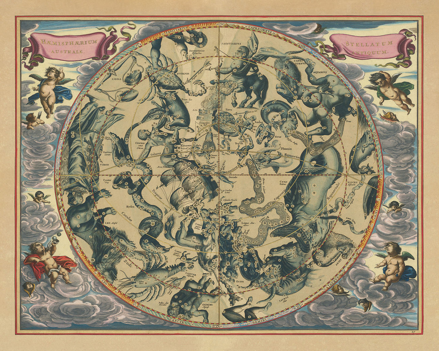 Himmelskarte der südlichen Sternbilder von Andreas Cellarius, 1661