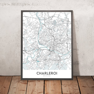 Moderner Stadtplan von Charleroi, Belgien: Stadtzentrum, Flughafen, Stadion, Universität, Museum