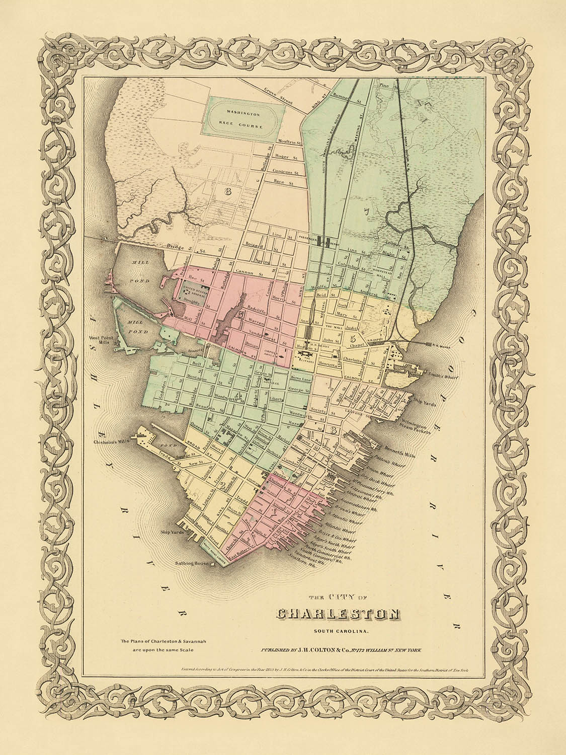 Mapa antiguo de Charleston de Colton, 1855: hipódromo de Washington, arsenal, batería, muelles, estanques