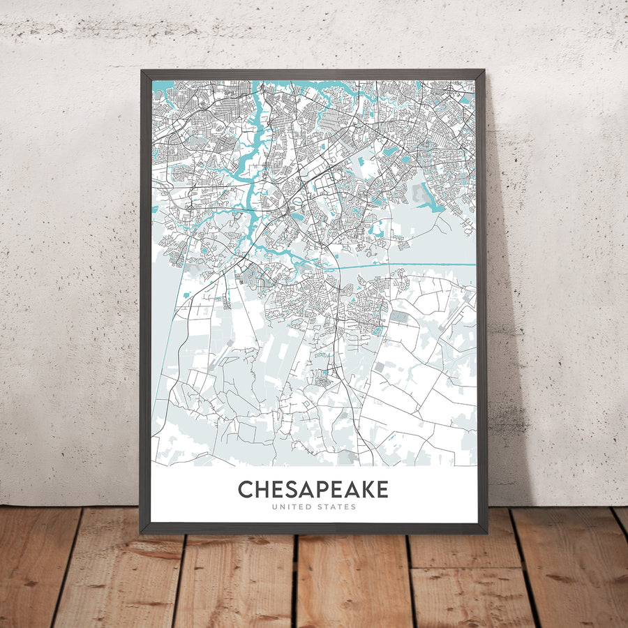 Moderne Stadtkarte von Chesapeake, VA: Chesapeake Bay, Norfolk, Great Dismal Swamp, I-64 